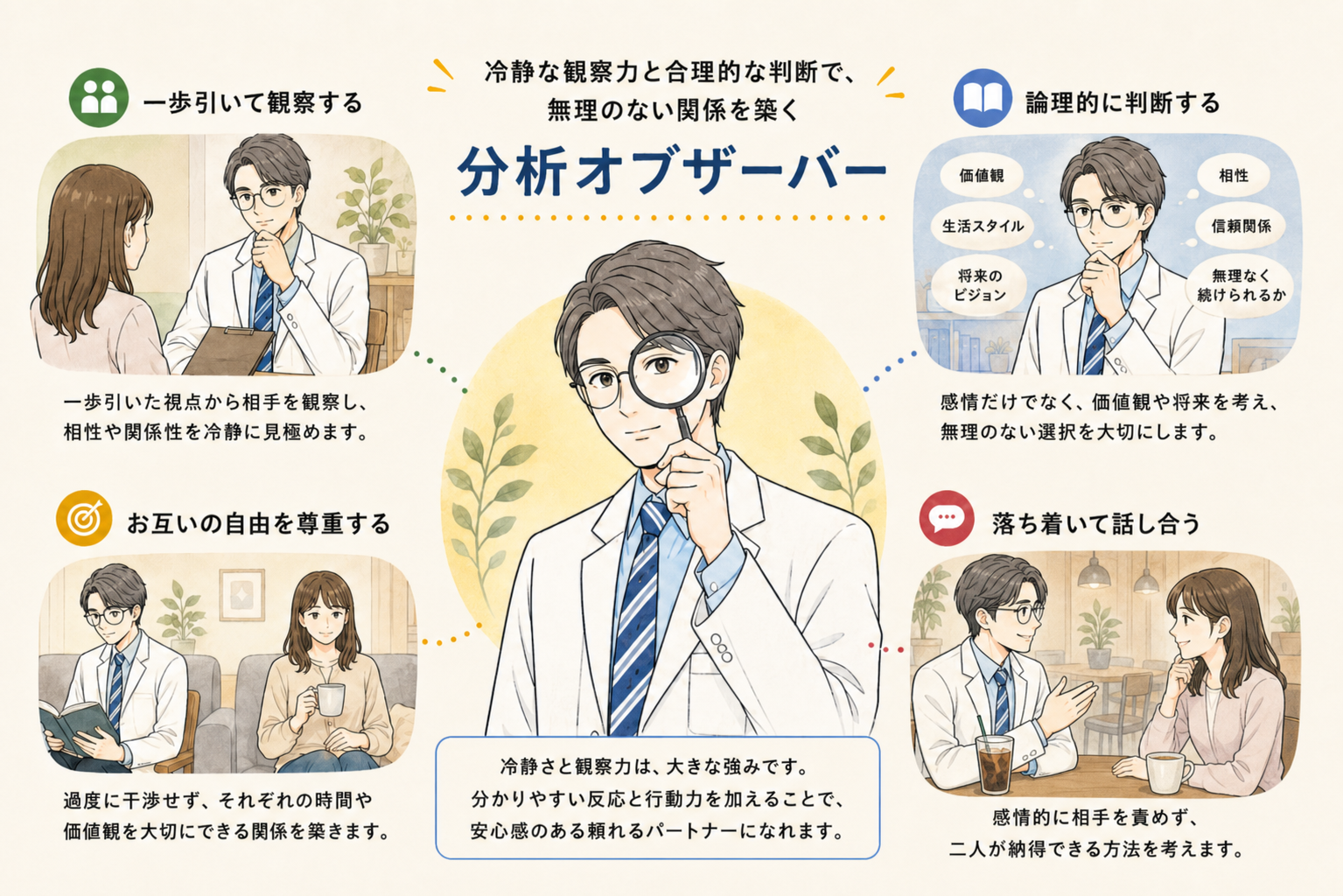 分析オブザーバーの恋活タイプ診断イラスト