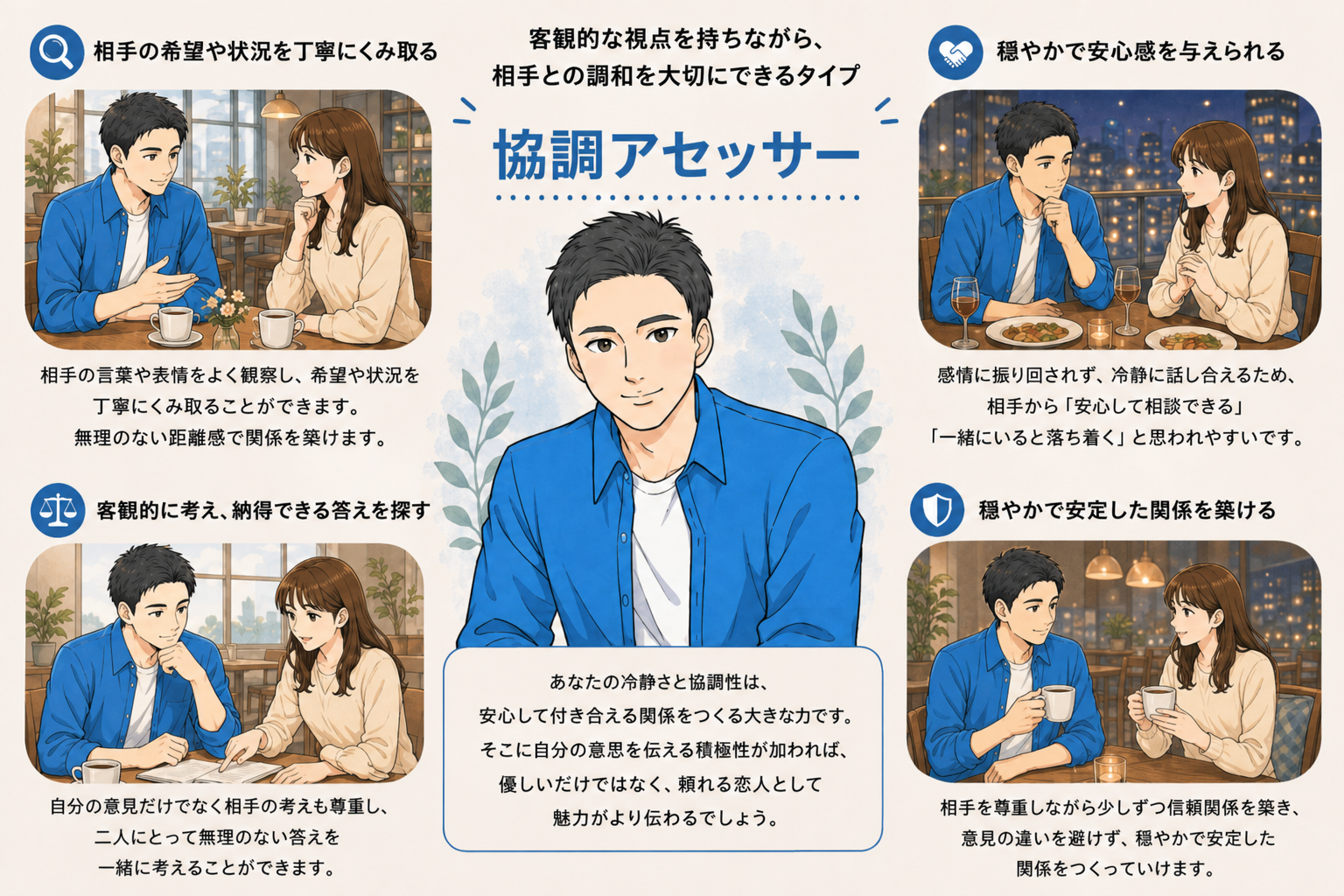 協調アセッサーの恋活タイプ診断イラスト