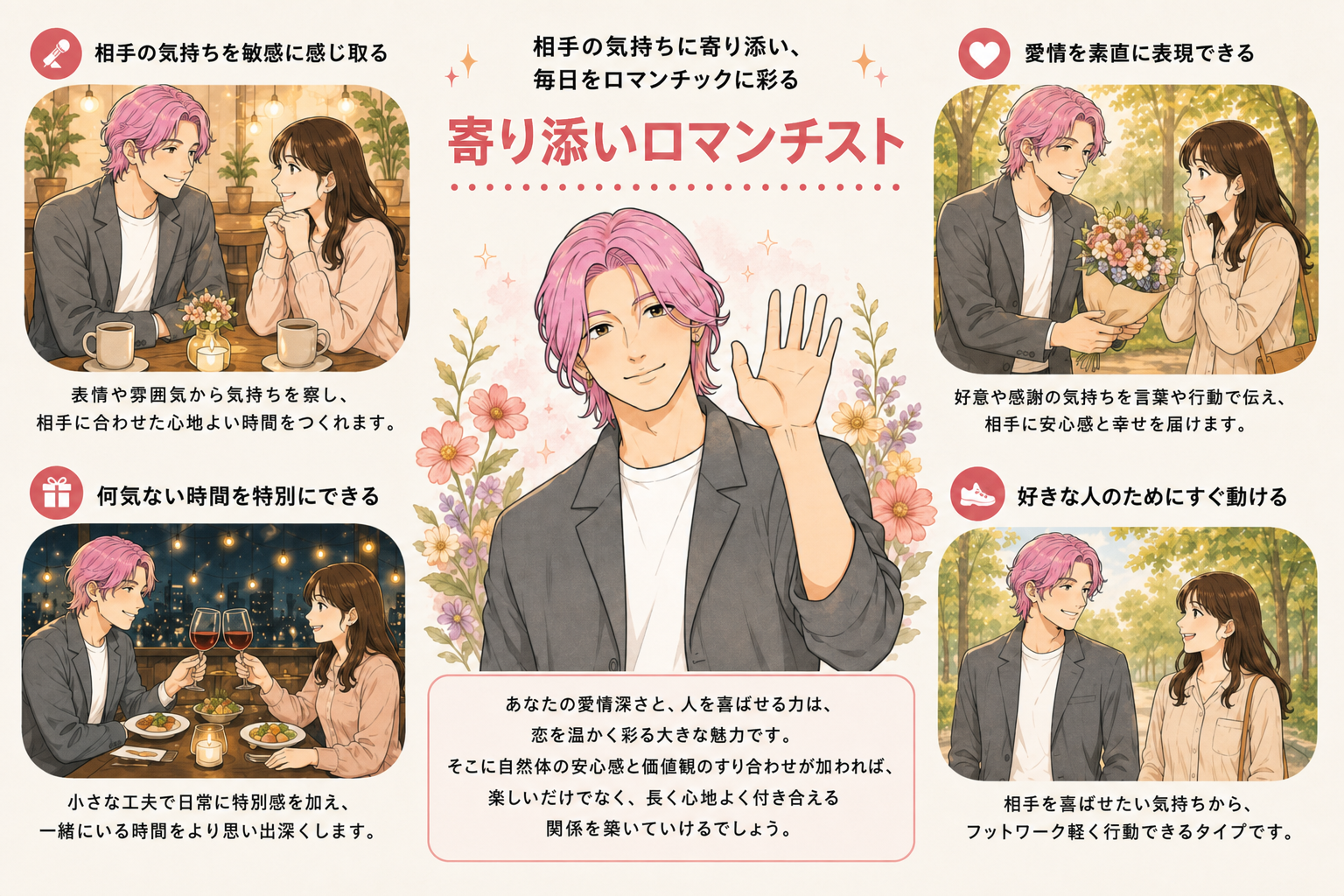 寄り添いロマンチストの恋活タイプ診断イラスト