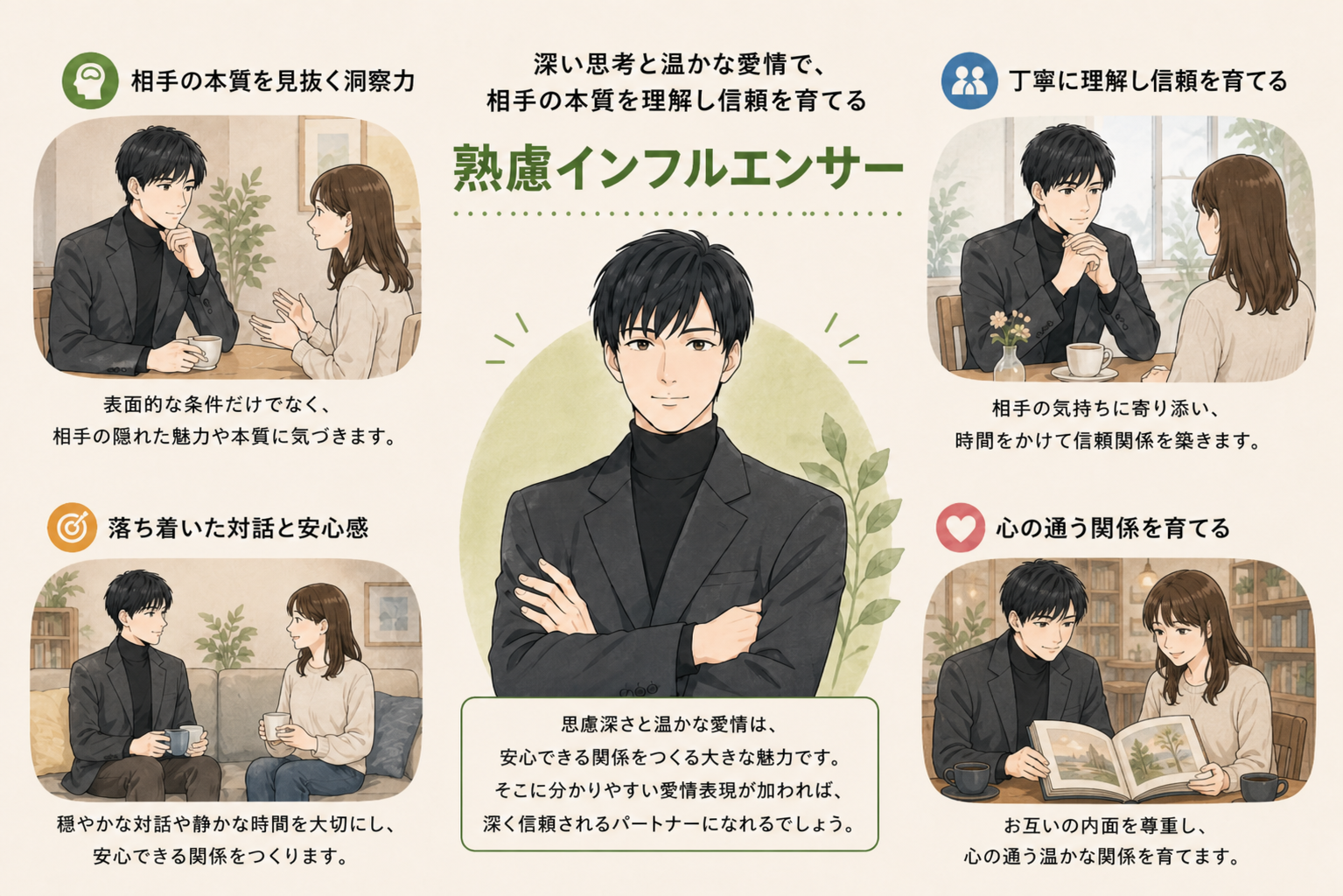 熟慮インフルエンサーの恋活タイプ診断イラスト