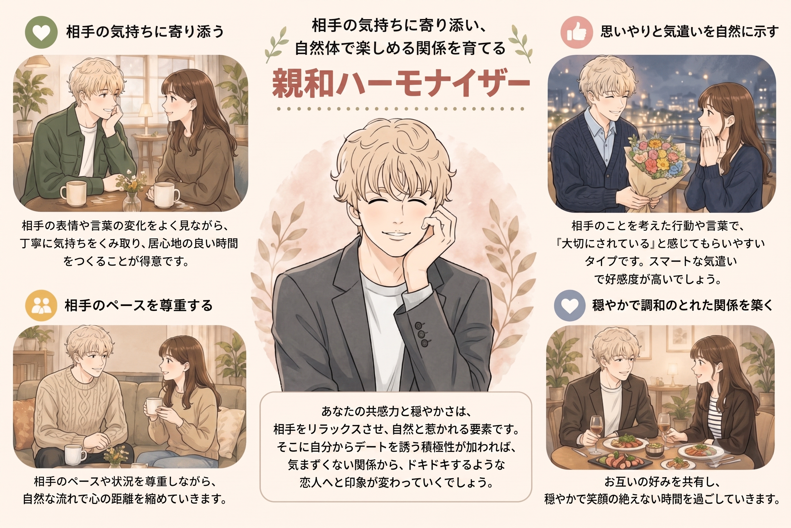 親和ハーモナイザーの恋活タイプ診断イラスト