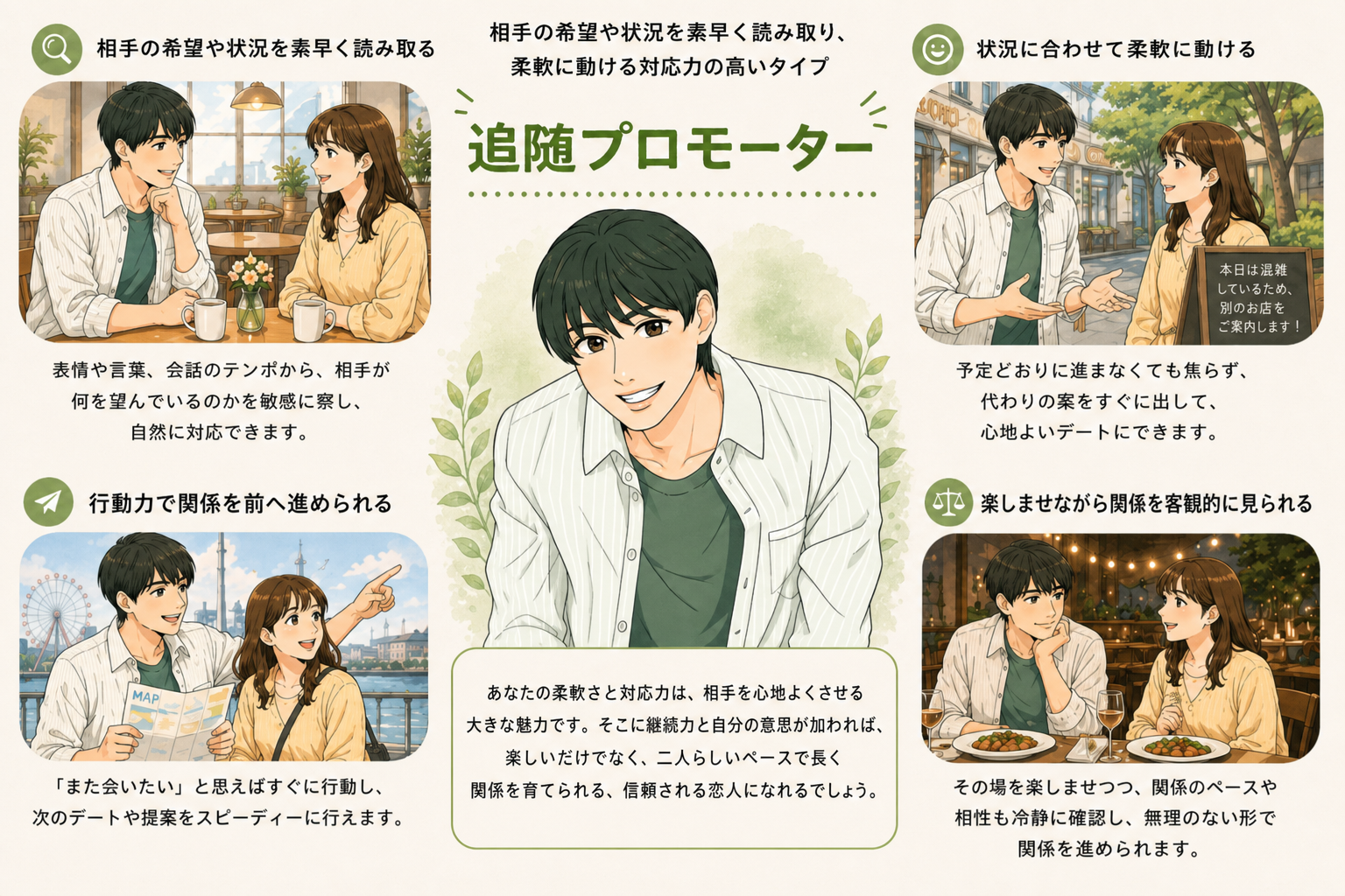 追随プロモーターの恋活タイプ診断イラスト