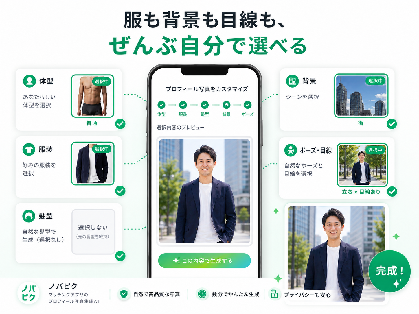 服装・背景・目線の選択画面